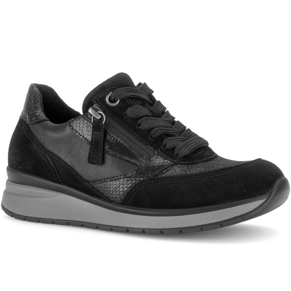 A Gabor black low-top sneaker with dual side zippers, black laces, and a black sole, shown from a side-facing perspective on a white background.