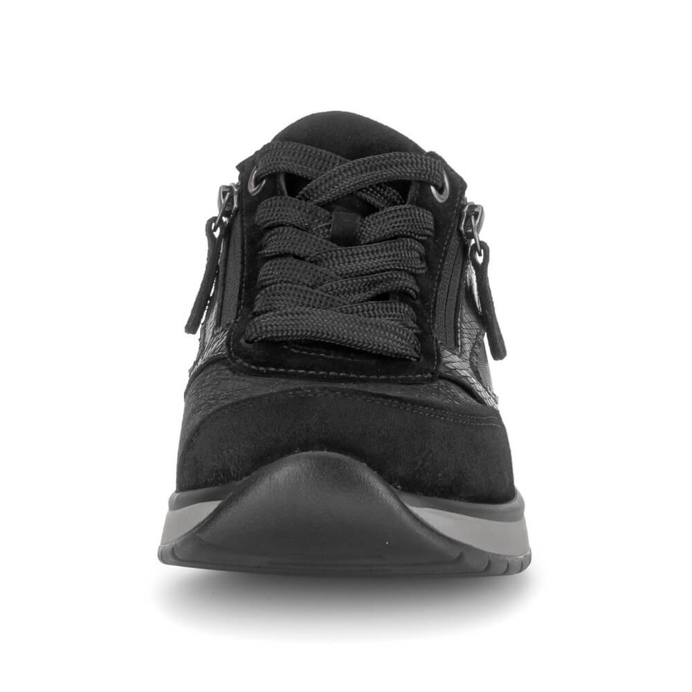 A Gabor black low-top sneaker with dual side zippers, black laces, and a black sole, shown from a front-facing perspective on a white background.