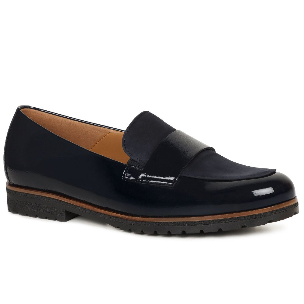 A Gabor navy blue patent leather loafer with a brown textured sole, shown from a side profile on a white background.