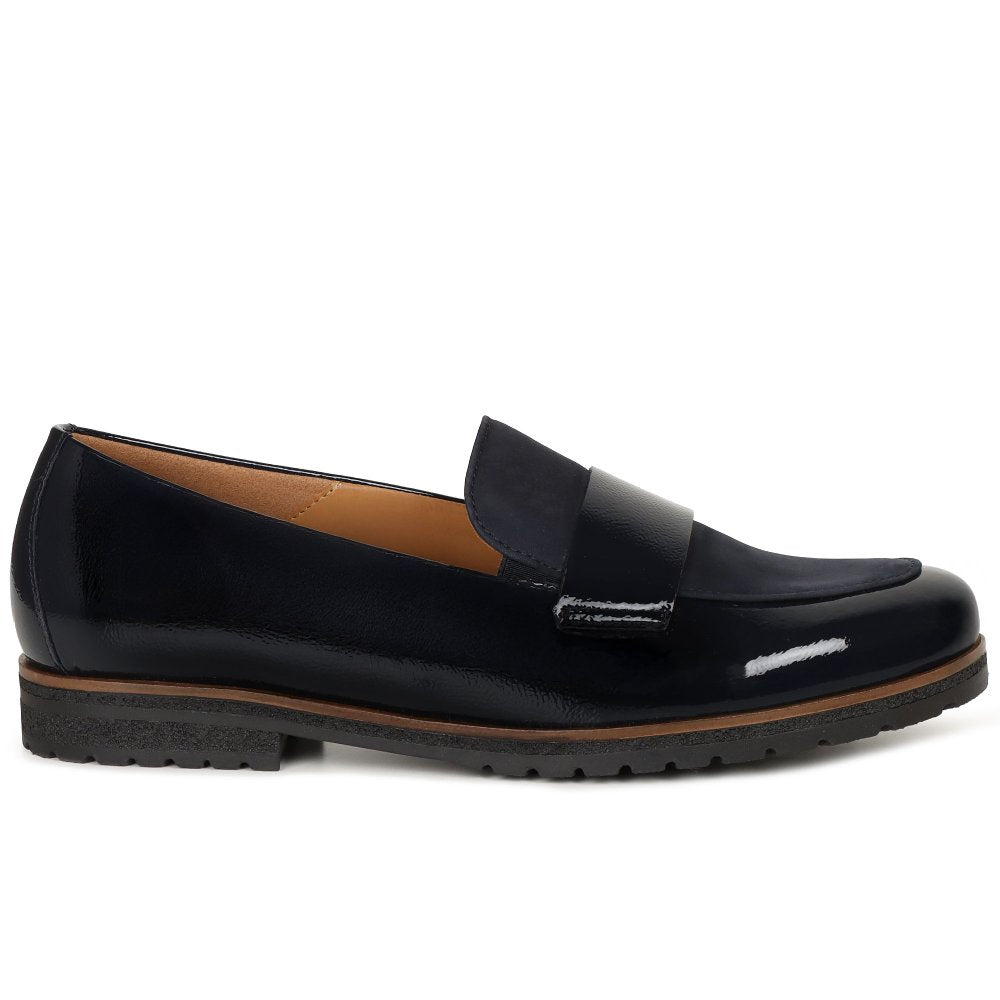 A Gabor navy leather penny loafer shown in profile against a plain white background.