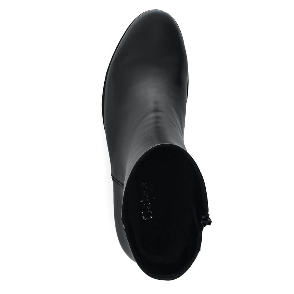 A black leather ankle boot shown from a top-down view against a plain white background.