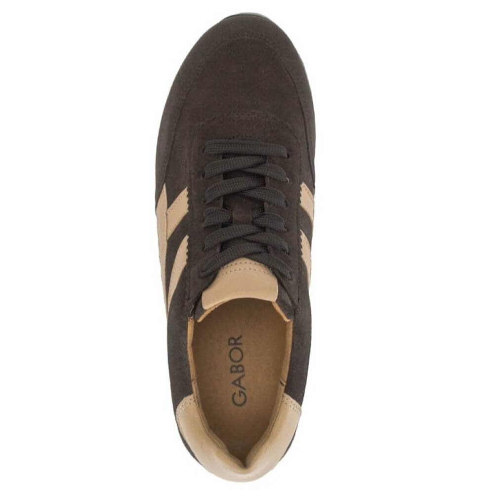 A single Gabor brand low-top sneaker shown from a top-down view. The shoe features a dark brown suede upper with beige leather side stripes, beige lining, and brown laces, set against a plain white background.