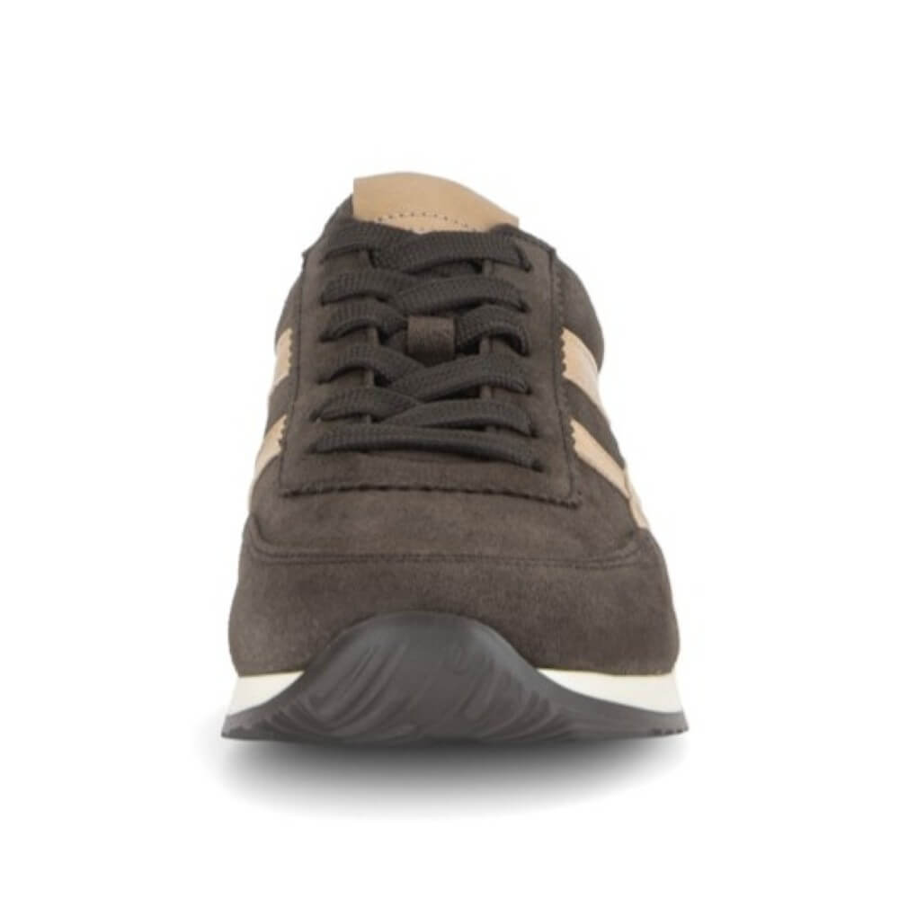 A single dark brown suede sneaker shown from a front-facing angle on a white background.