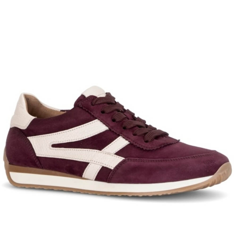 A single Gabor brand low-top sneaker shown from a side view. The shoe features a mulberry wine suede upper with white leather side stripes, beige lining, and brown laces, set against a plain white background.