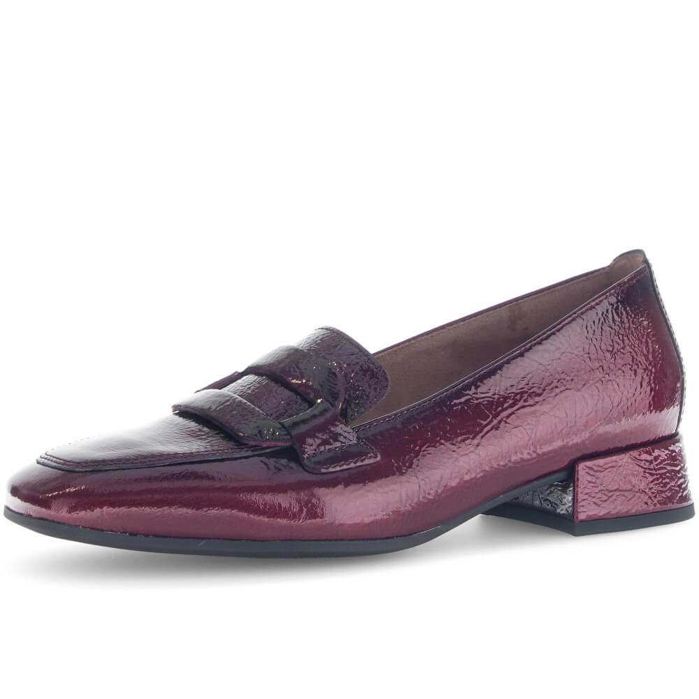 Burgundy patent leather loafer shoe on a white background Gabor heeled loafers 75.261 Wine