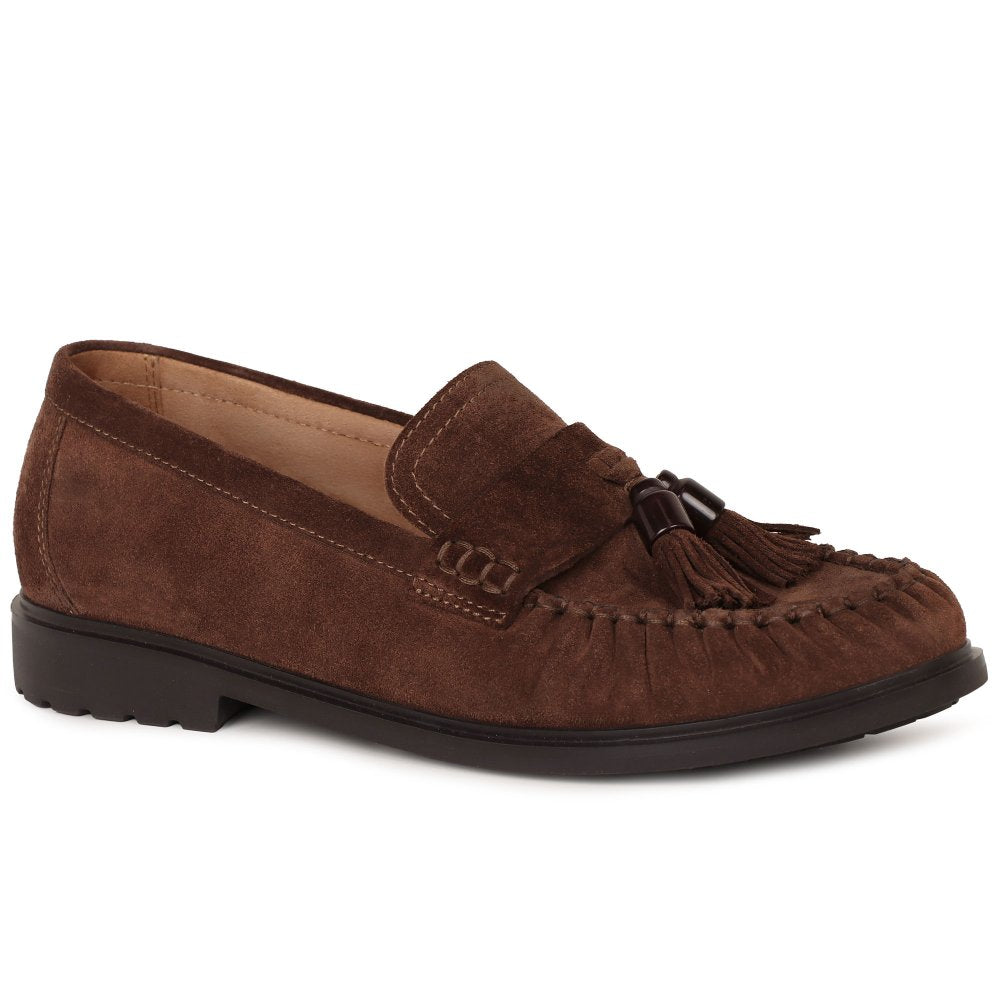 A Gabor brown suede moccasin loafer with a tassel detail on the vamp, shown from a side profile against a plain white background.