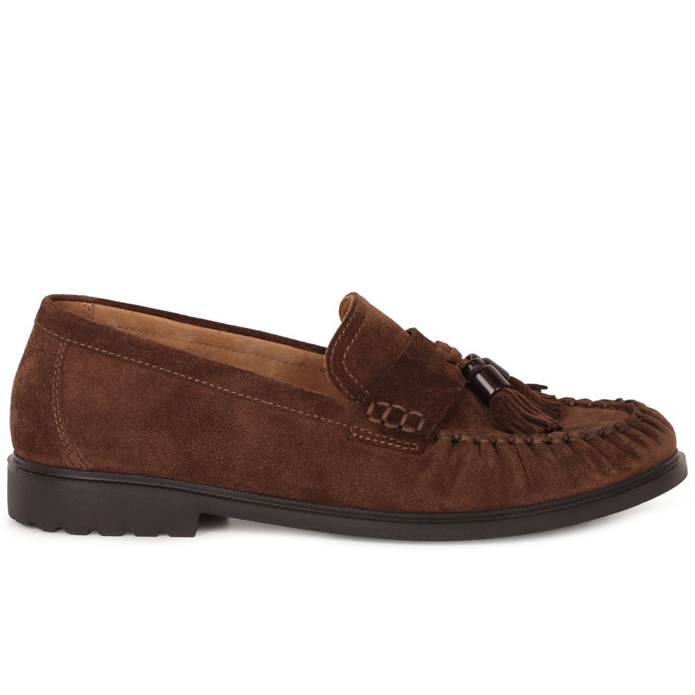 A Gabor brown suede moccasin loafer with a tassel detail on the vamp, shown from a side profile against a plain white background.
