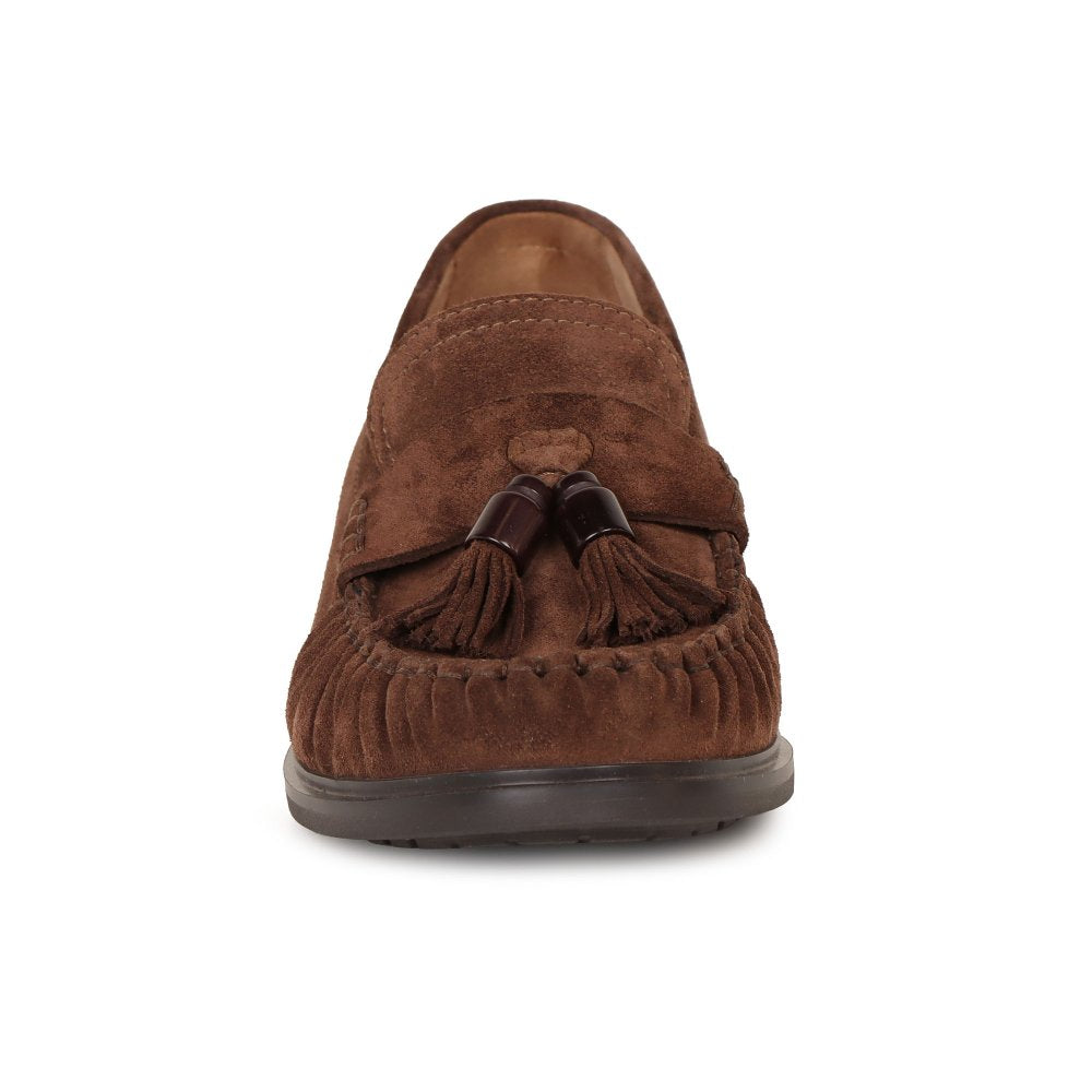 A Gabor brown suede moccasin loafer shown from the front on a plain white background.