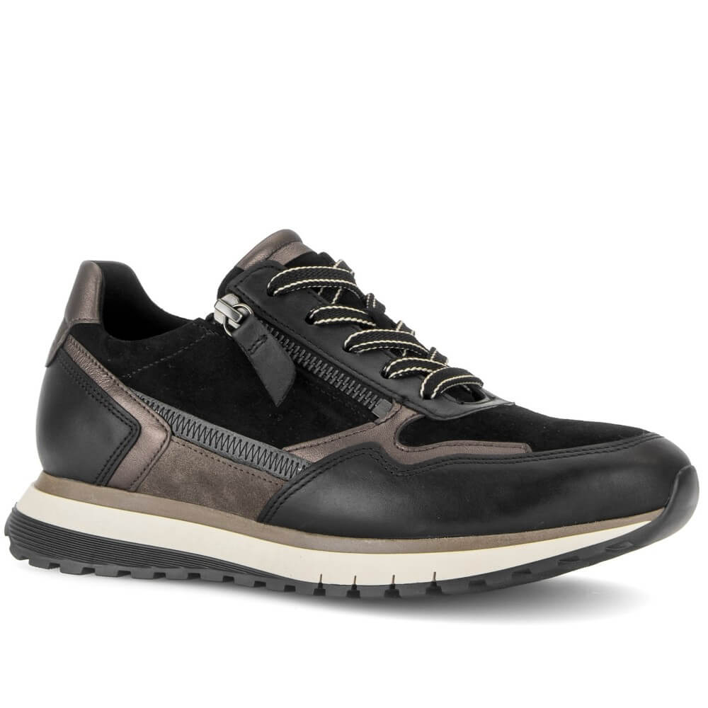 A Gabor black and brown leather sneaker with a side zipper, black laces, and a thick off-white midsole, shown from a side profile on a white background.