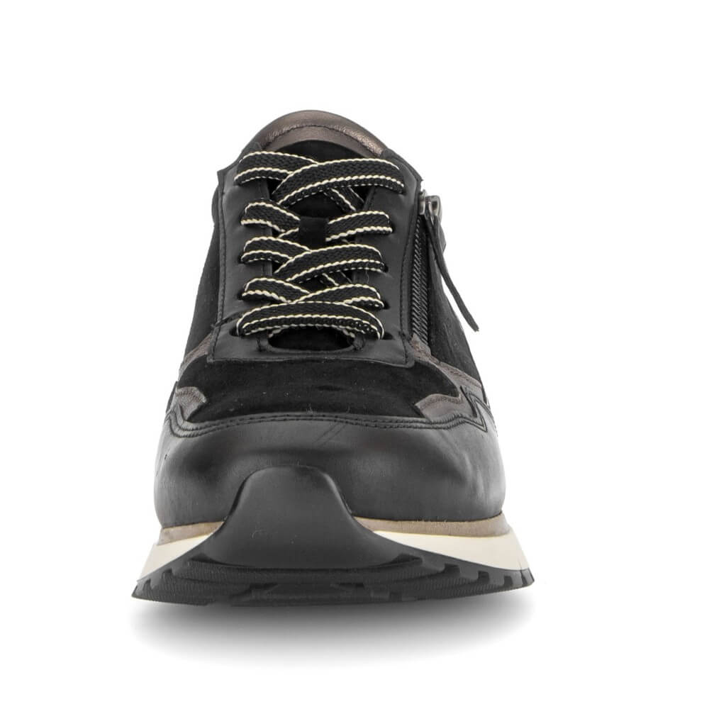Gabor black leather lace-up sneaker with a side zipper, black laces with white contrast stitching, and a chunky black sole with a beige midsole accent, shown from a front-facing perspective on a white background.
