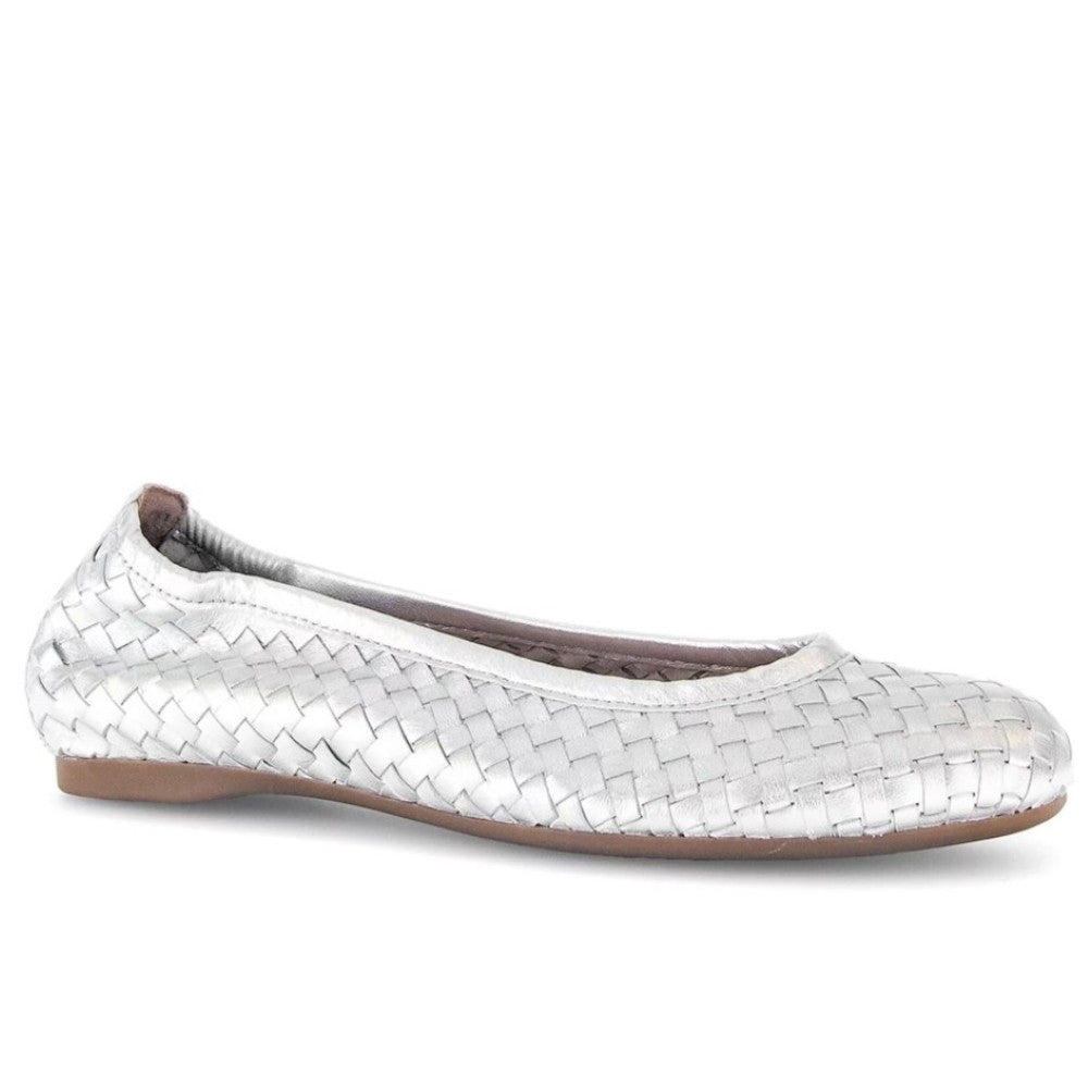 Gabor Silver Woven Ballerinas on a white background
