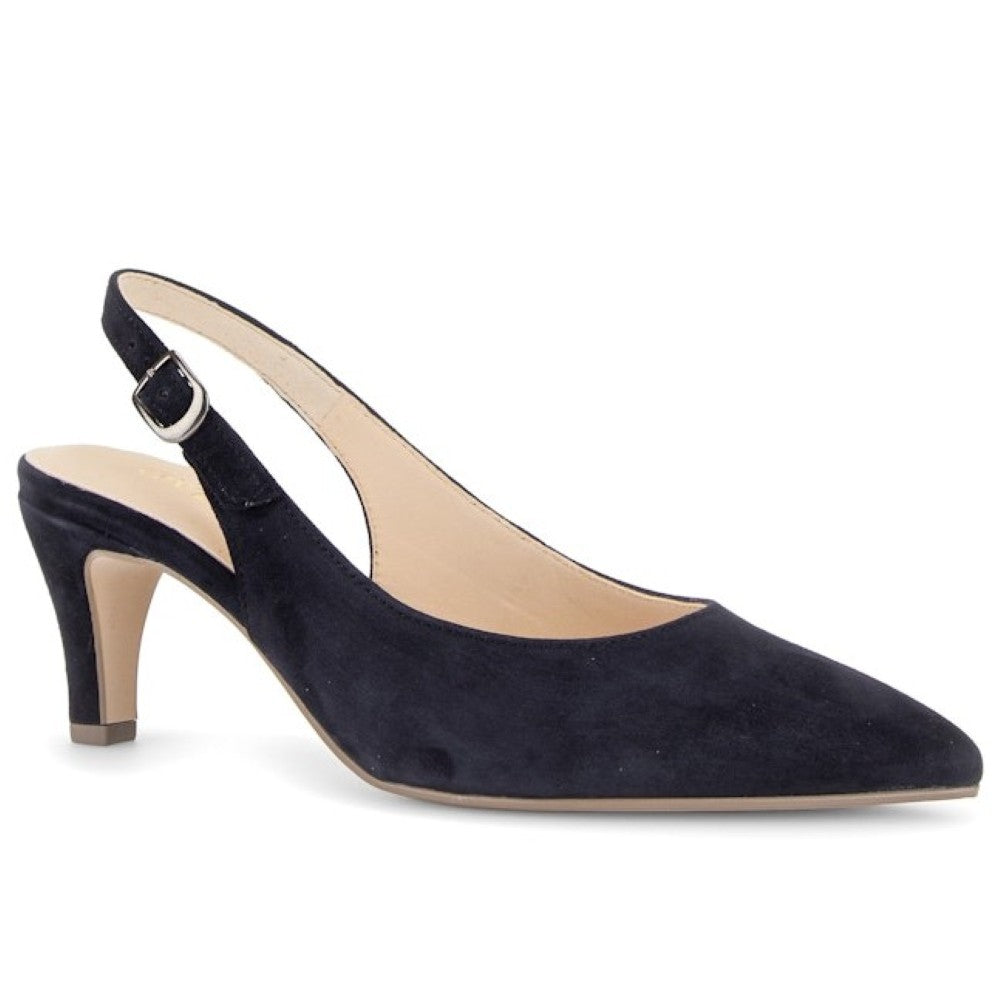 Gabor Navy blue suede slingback pump on a white background