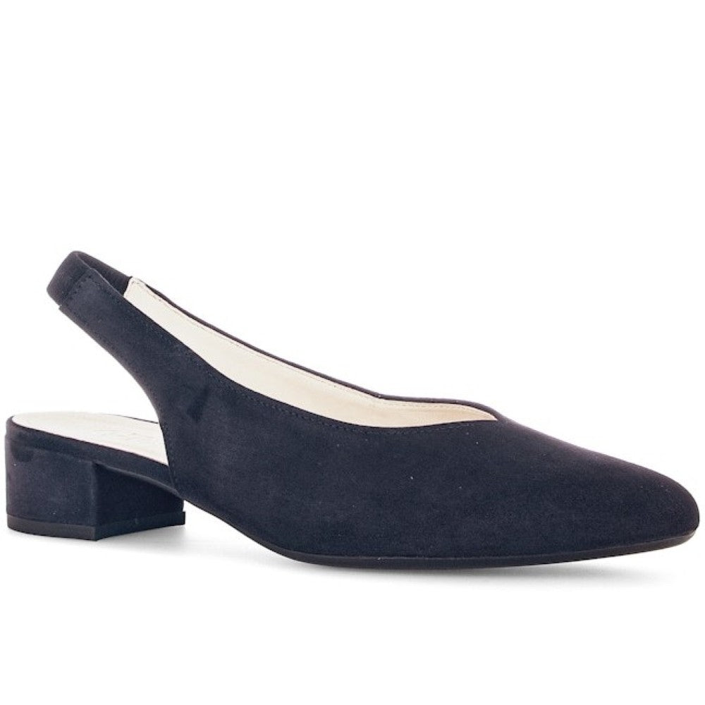 Gabor Navy blue suede slingback shoe on a white background
