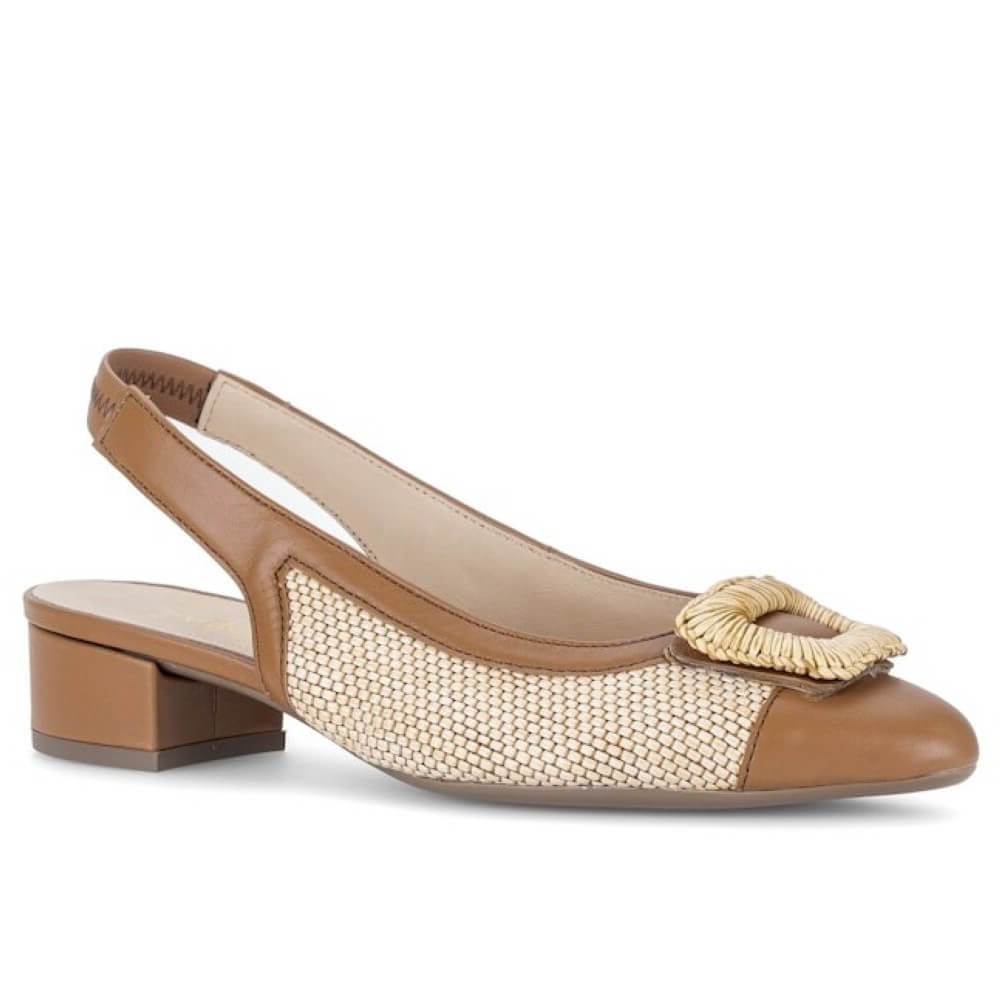 Gabor Brown slingback shoe with woven design on a white background