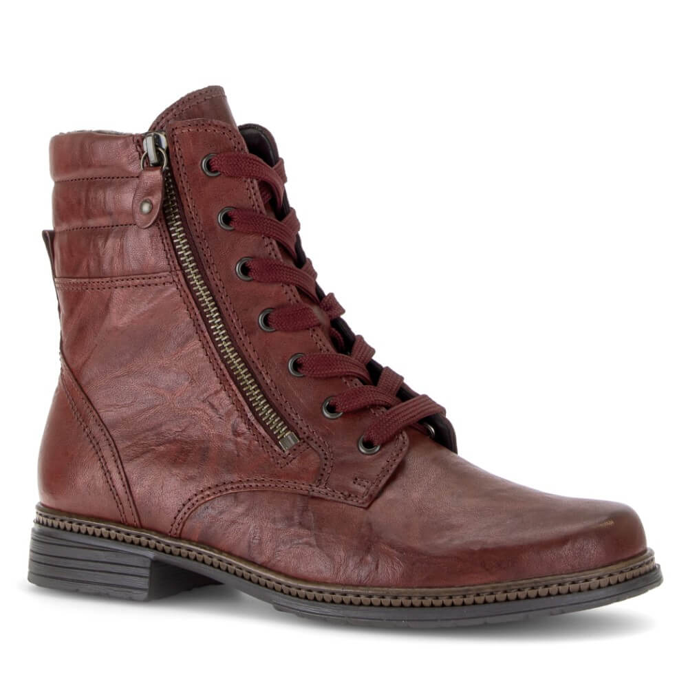 A Gabor Red leather lace-up ankle boot with a side zipper, shown from a three-quarters angle on a white background.