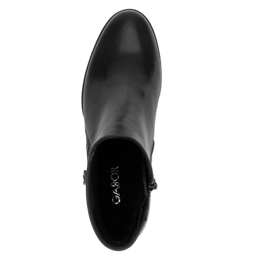 A  Gabor black leather ankle boot shown from a top-down view on a plain white background, with the brand name 'GAKON' printed in silver on the inner sole.