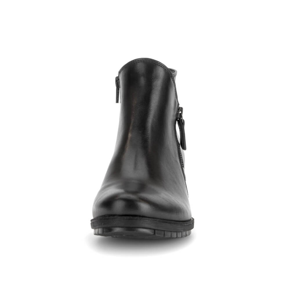 A  Gabor single black leather ankle boot with a side zipper, shown from a front-facing perspective on a clean white background.