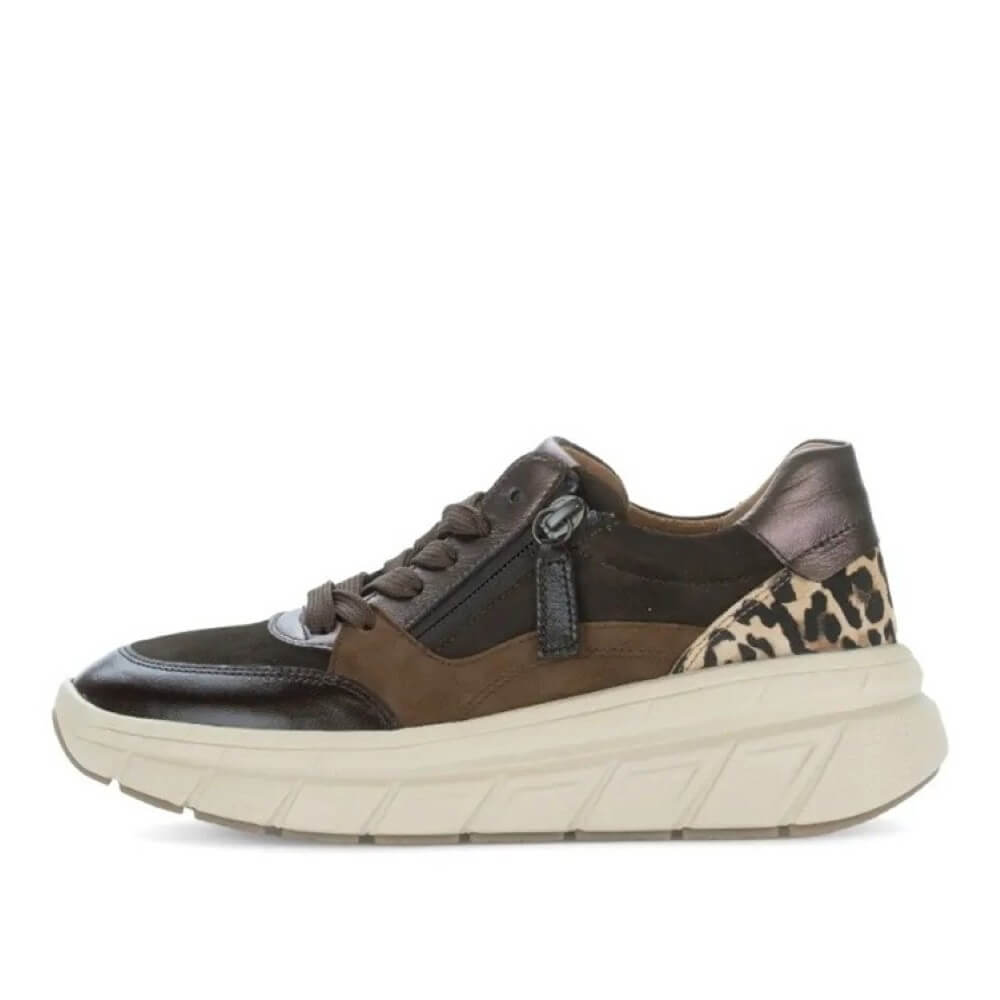 Brown and black sneaker with leopard print accents. Gabor Romance Leather Trainer 73.373 Chocolate Brown