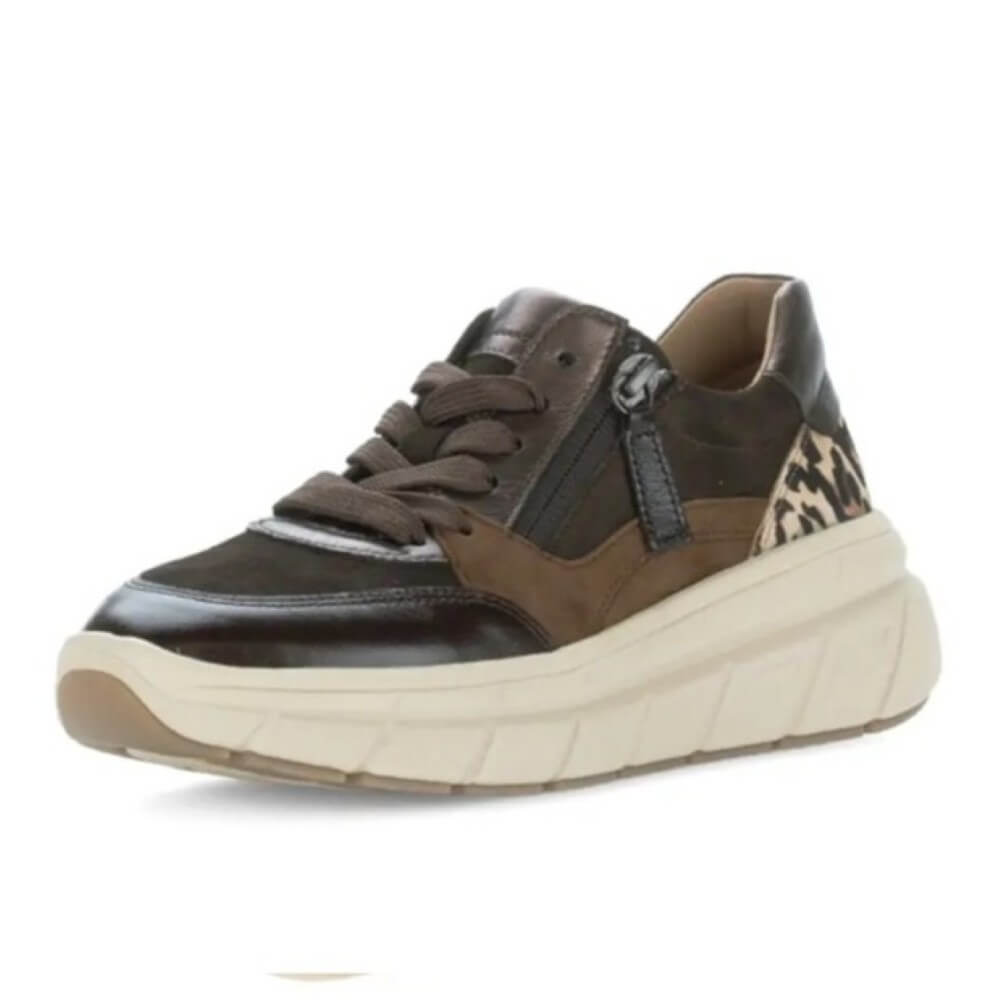 Brown and black sneaker with leopard print accents. Gabor Romance Leather Trainer 73.373 Chocolate Brown