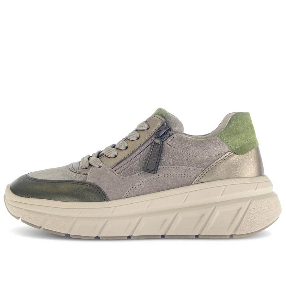 Gray and green sneaker on a white background Gabor Romance Leather Trainer 73.373 Olive Green