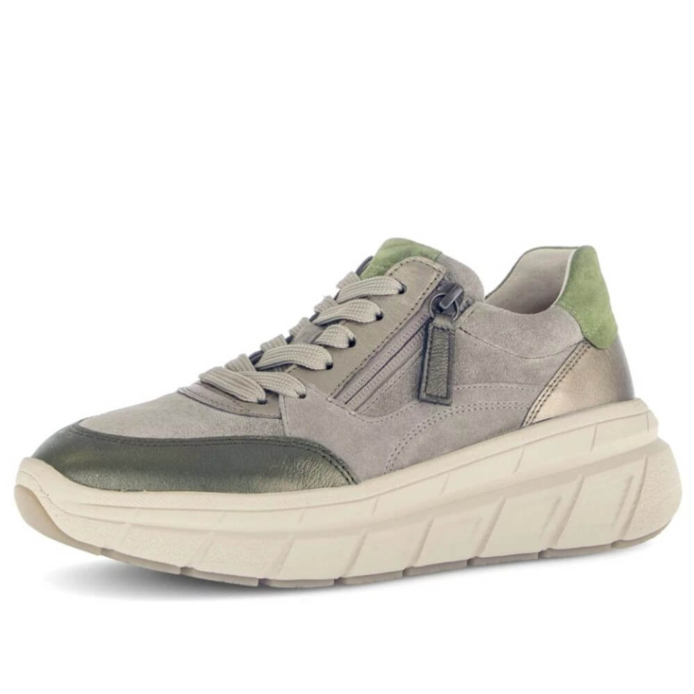 Gray and green sneaker on a white background Gabor Romance Leather Trainer 73.373 Olive Green