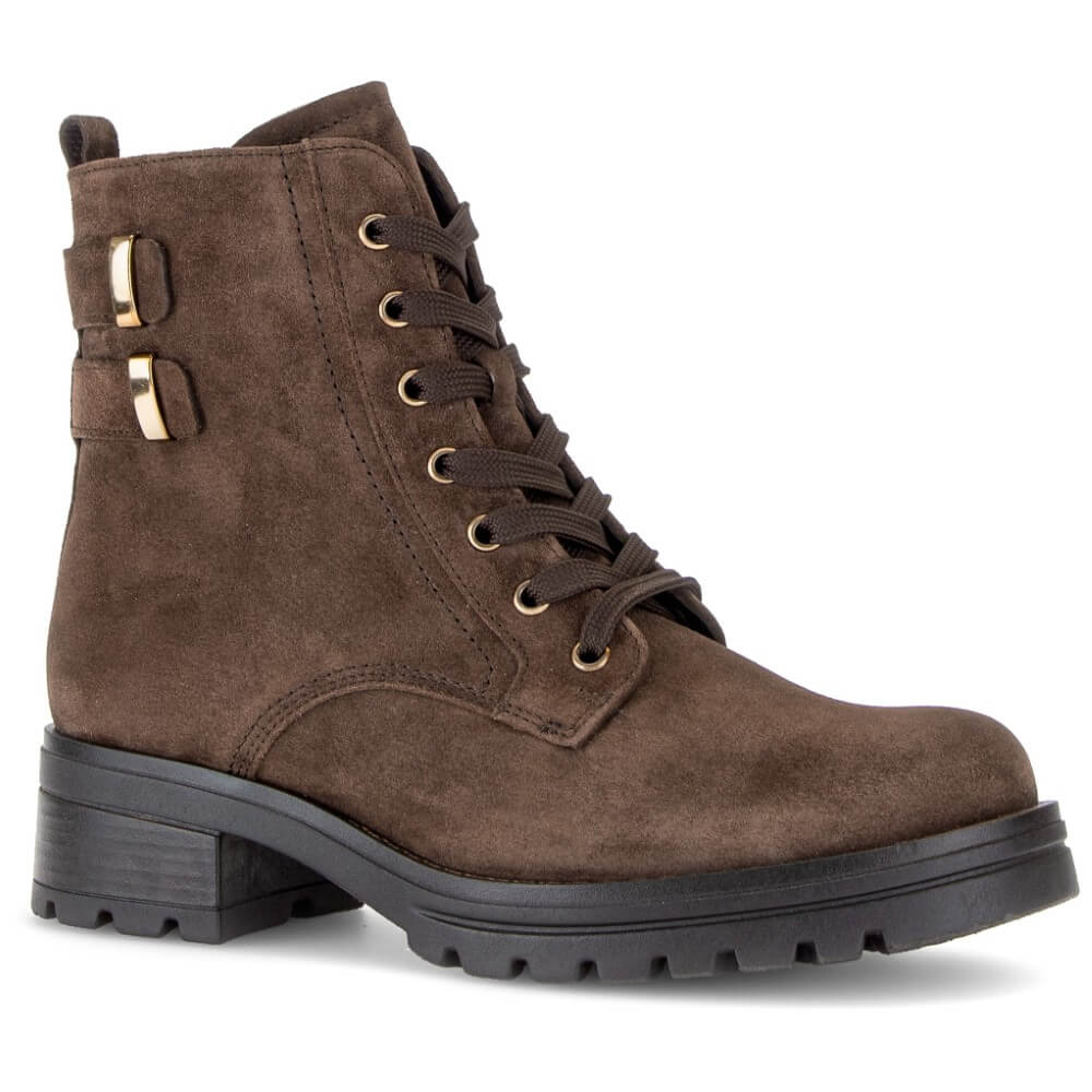A Gabor brown suede lace-up ankle boot with gold-tone buckle details on the side, a chunky black sole, and a low block heel, shown against a plain white background.