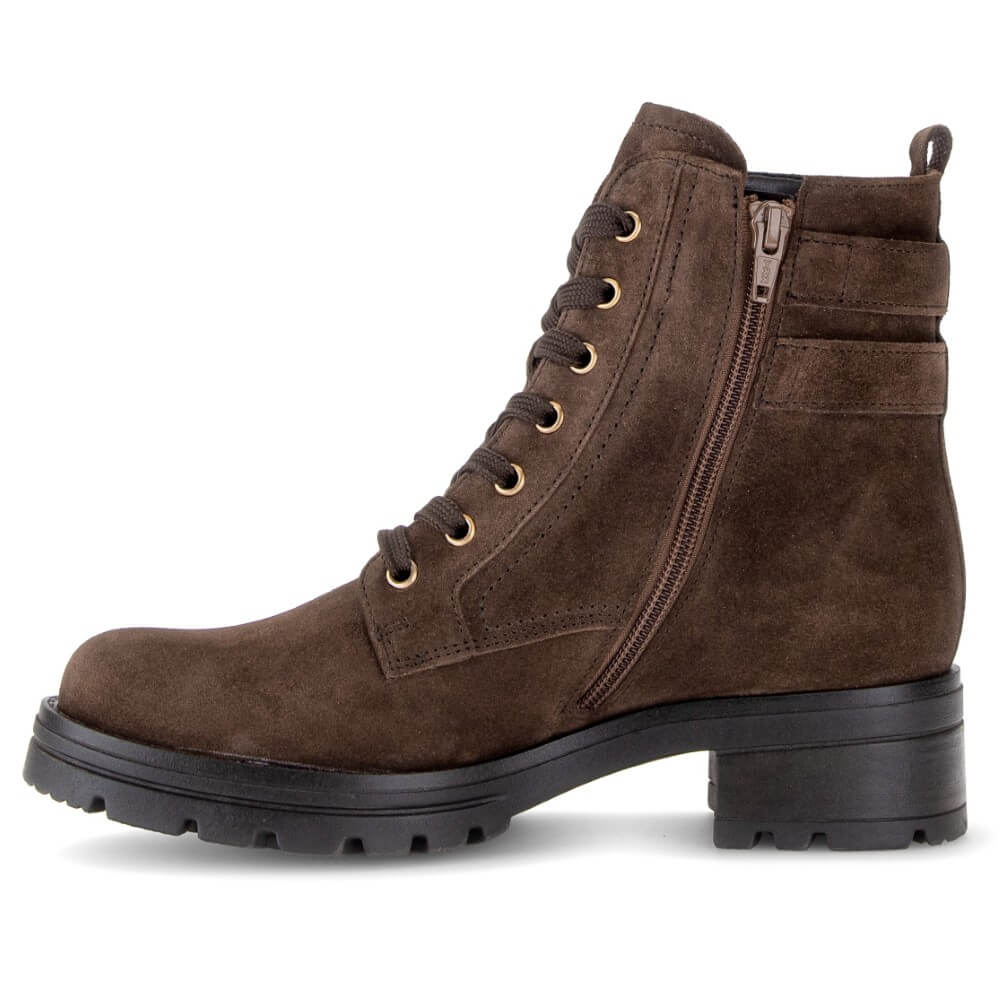 A Gabor brown suede lace-up ankle boot with a side zipper, black lug sole, and gold-tone eyelets, shown from a side profile on a white background.