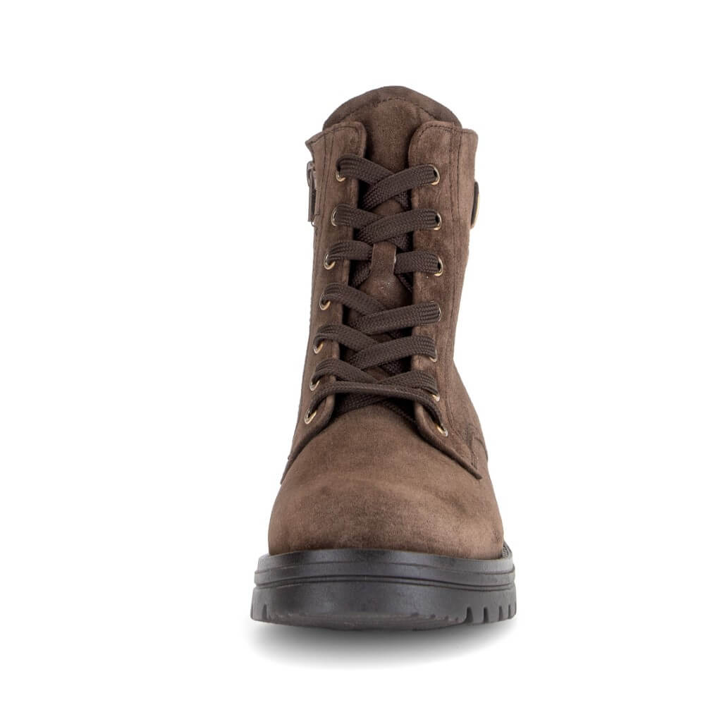 A brown suede lace-up ankle boot with a black sole, shown from a front-facing perspective on a white background.