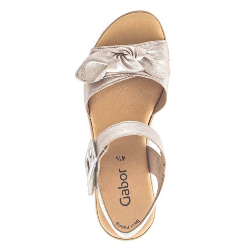  Gabor Gold wedge sandals with a bow on a white background