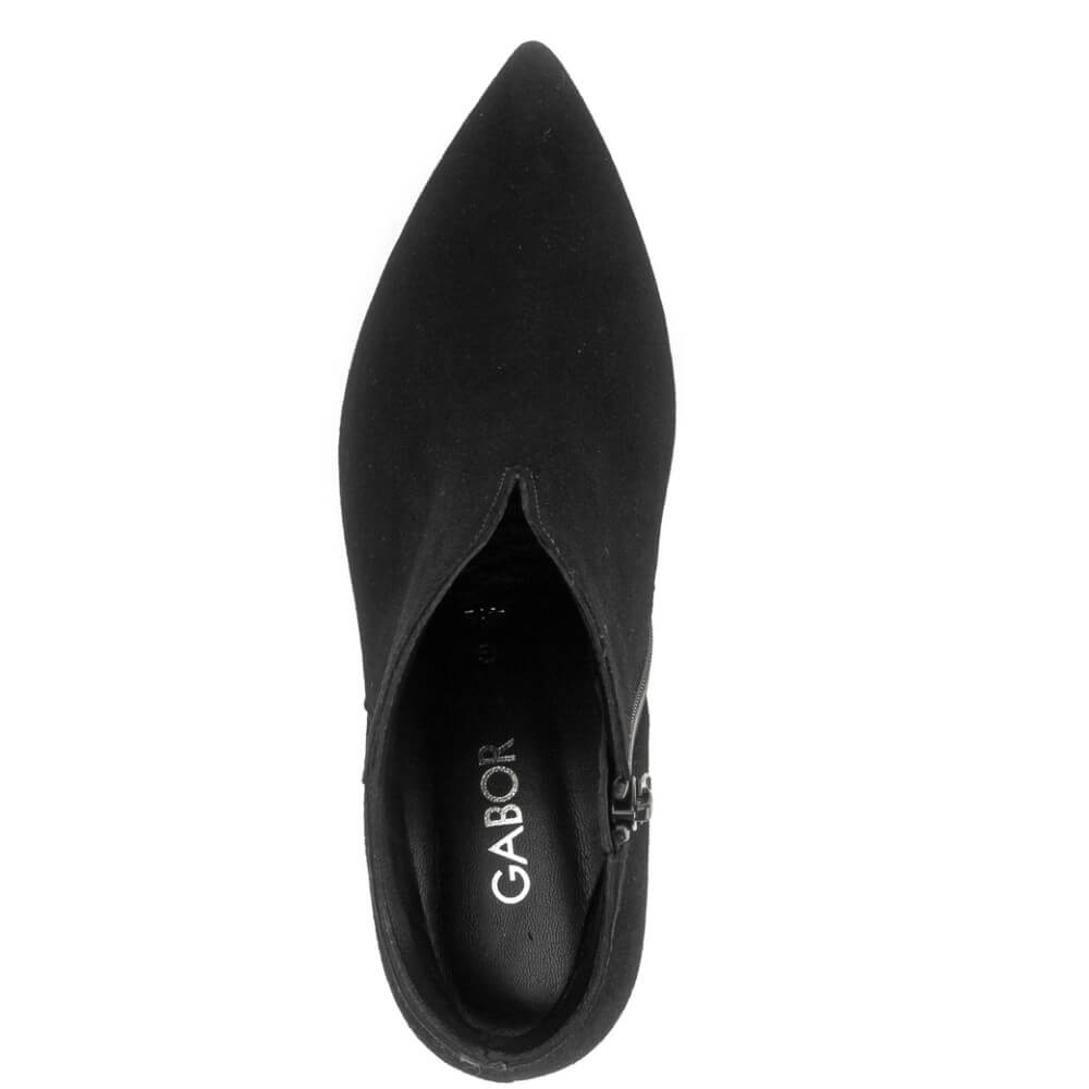 A  Gabor black pointed-toe ankle boot with a side zipper, shown from a top-down view on a white background. The brand name 'GABOR' is printed in white on the black insole.
