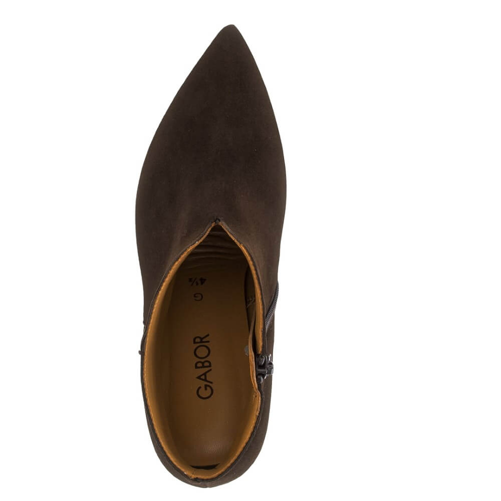 A  Gabor single dark brown pointed-toe ankle boot shown from a top-down view on a plain white background. The brand name 'GABOR' is printed in black on the tan insole.