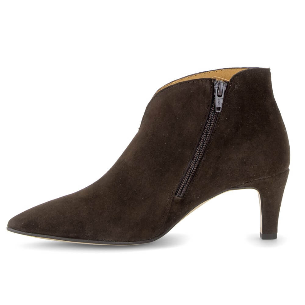 A  Gabor dark brown suede ankle boot with a pointed toe, a mid-height kitten heel, and a side zipper, shown from a side profile on a white background.