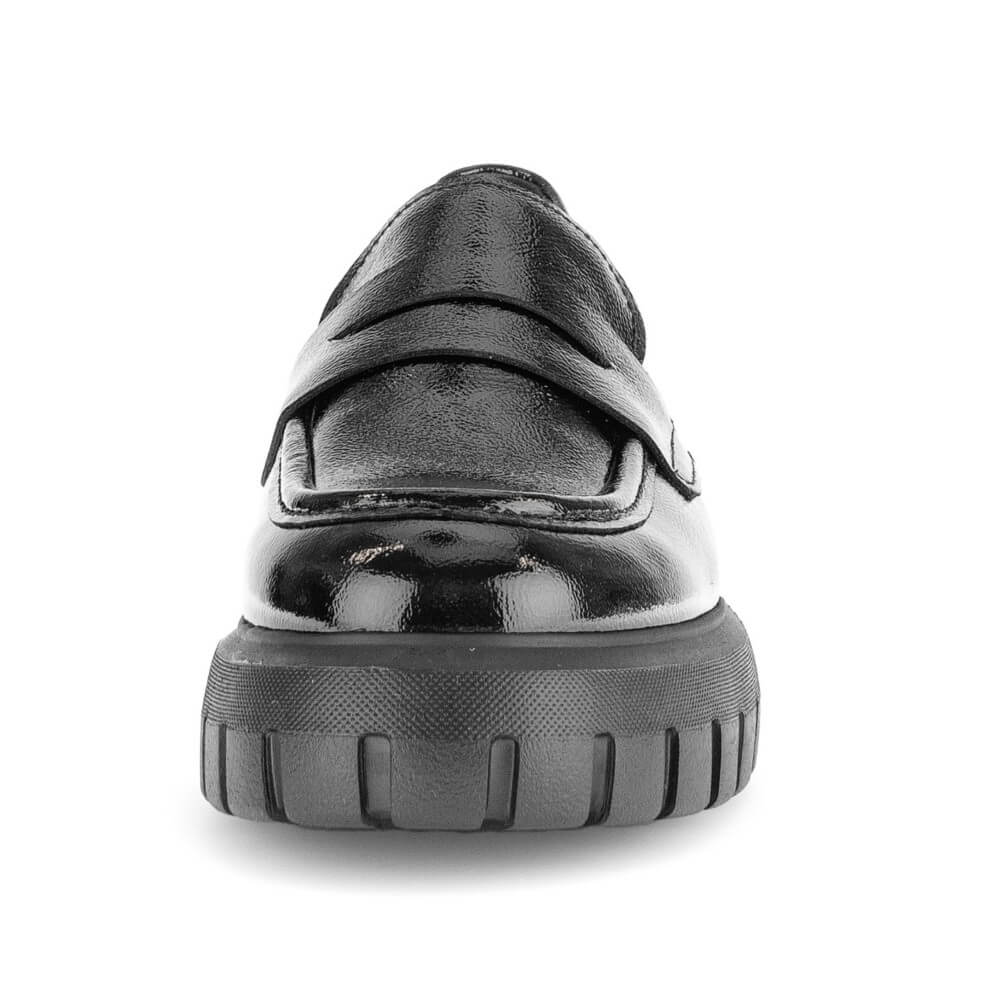 A Gabor black patent leather loafer with a chunky, ribbed platform sole, shown from a front-facing perspective on a white background.