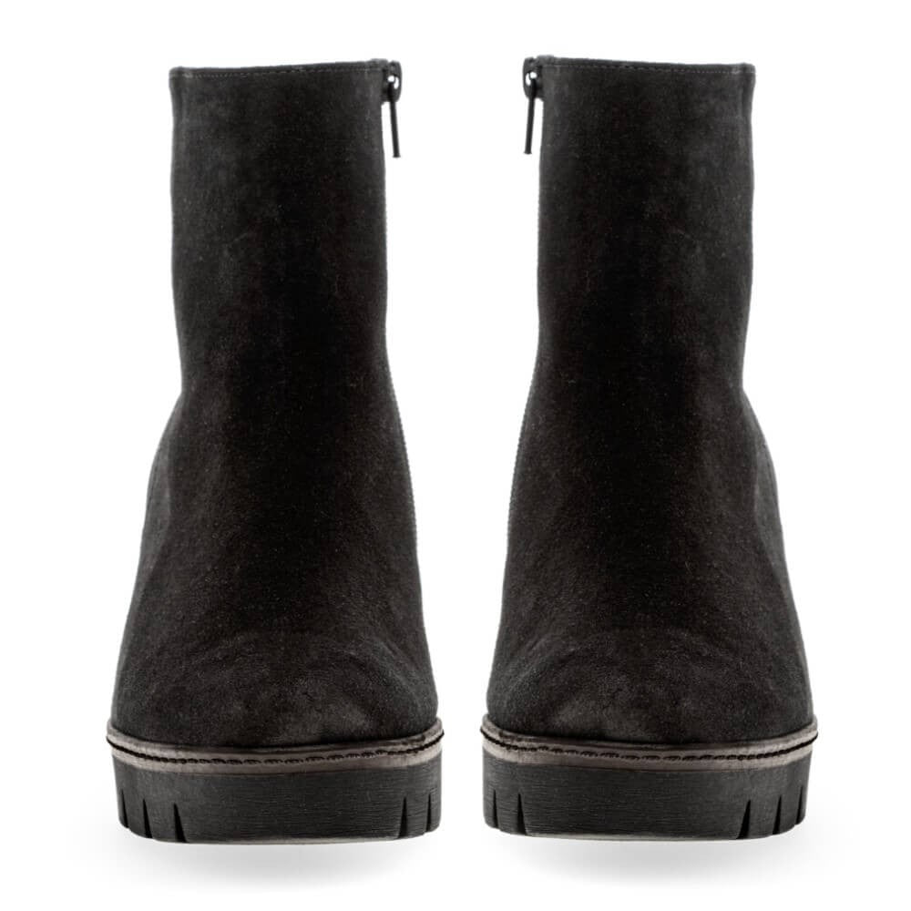 A pair of Gabor black suede ankle boots with side zippers and chunky lug soles, shown from the back against a white background.
