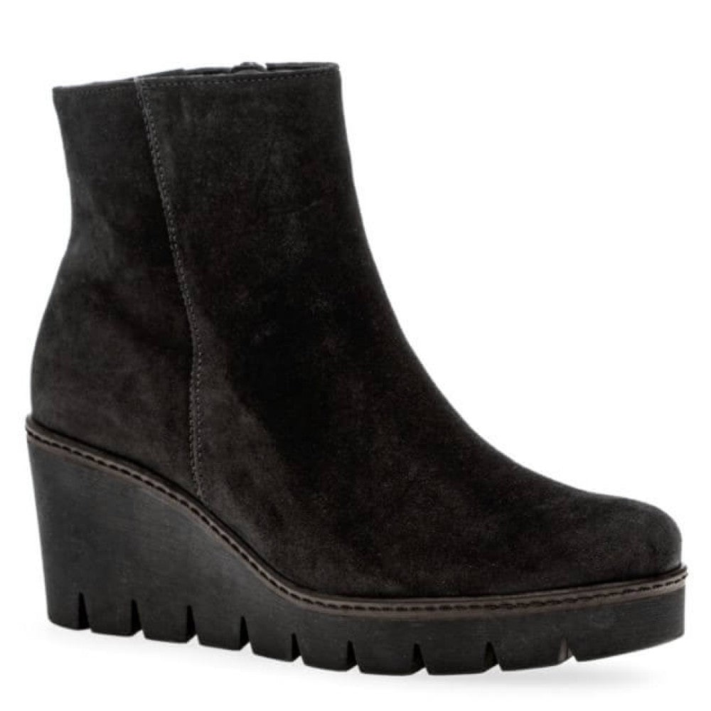 A Gabor black suede ankle boot with a chunky black wedge platform sole, shown from a side profile view on a white background.