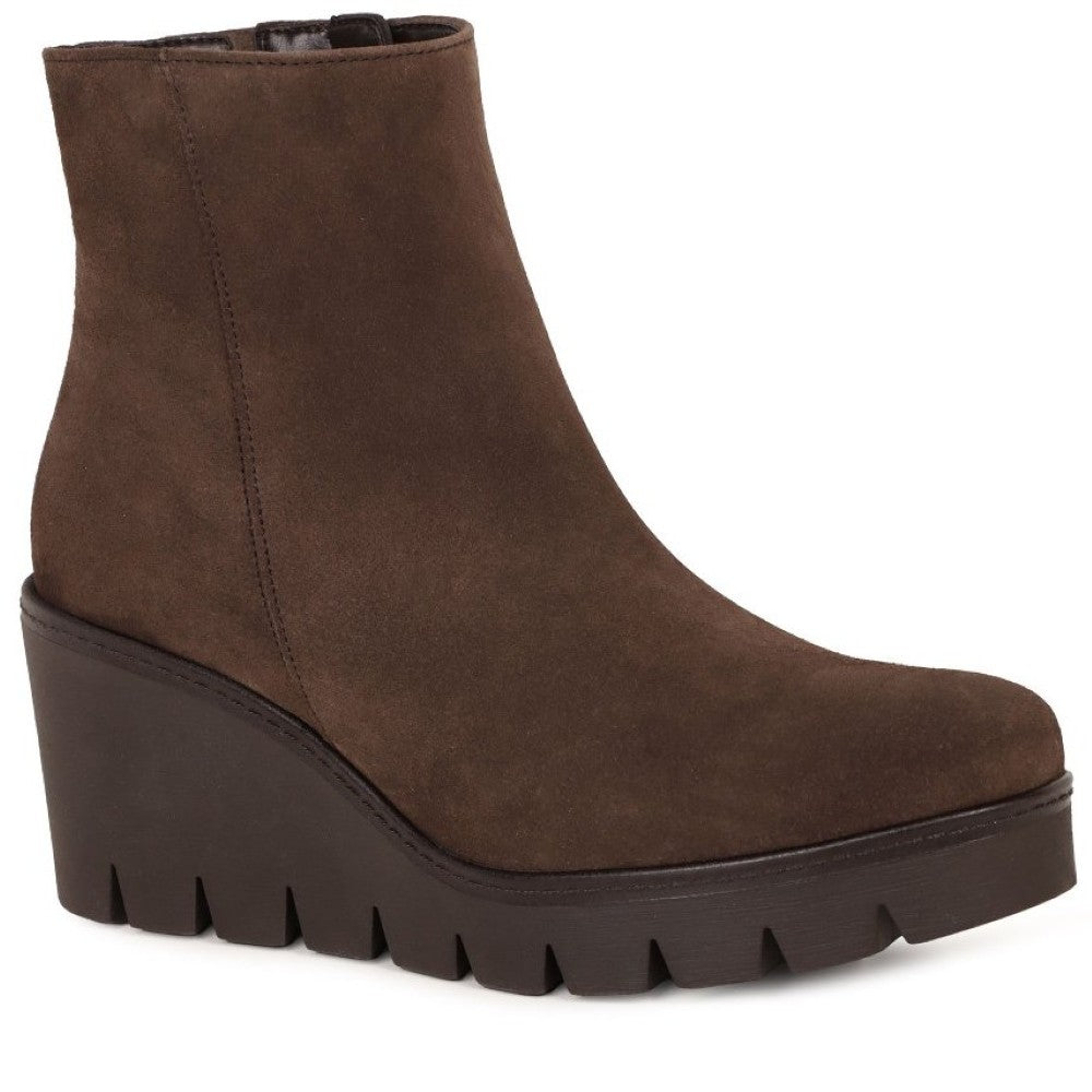 A Gabor dark brown suede ankle boot with a chunky, high-waisted wedge platform sole featuring a deep lug tread, shown from a three-quarters angle on a white background.