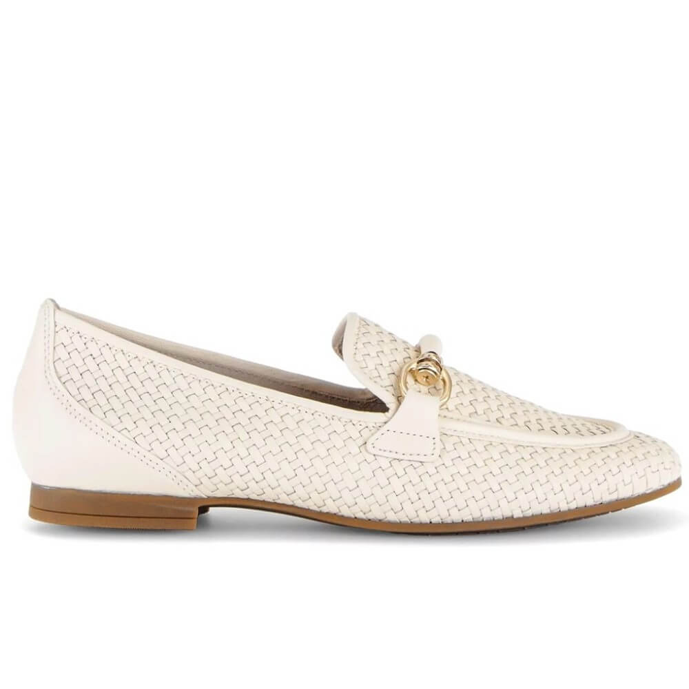 Gabor cream-colored woven loafers on a white background