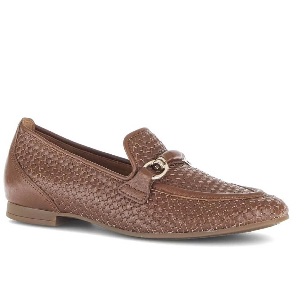 Gabor Brown loafer shoe with a gold buckle on a white background