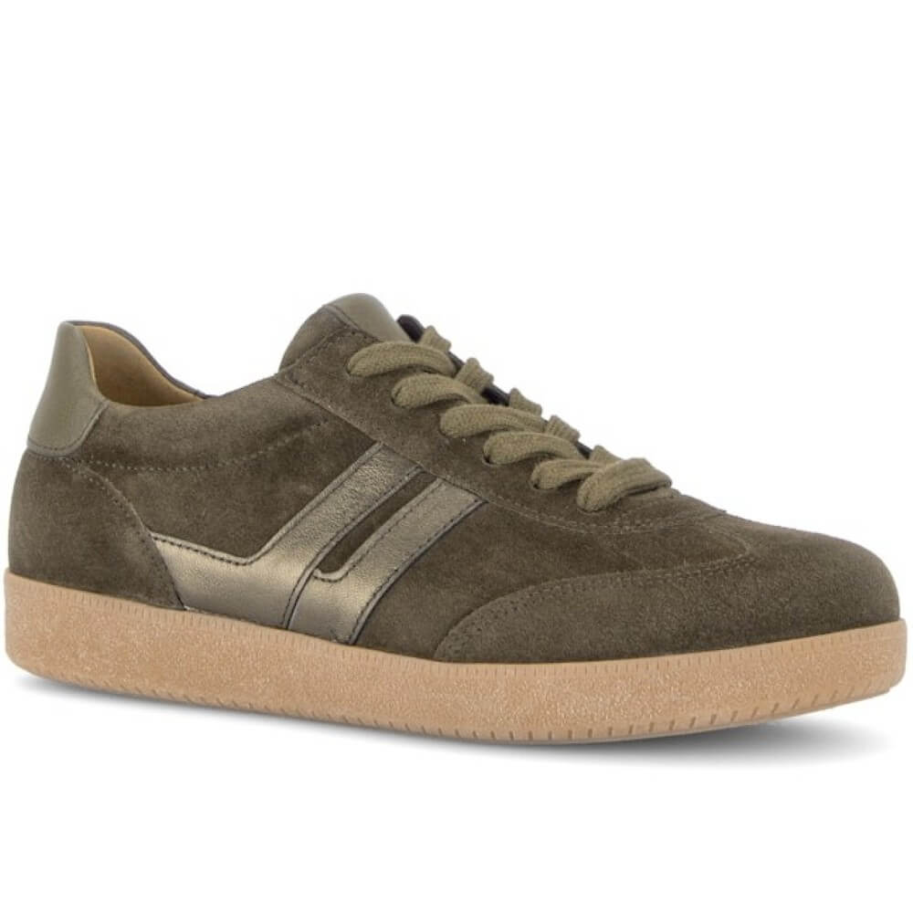 Gabor Olive Green suede trainers on a white background 