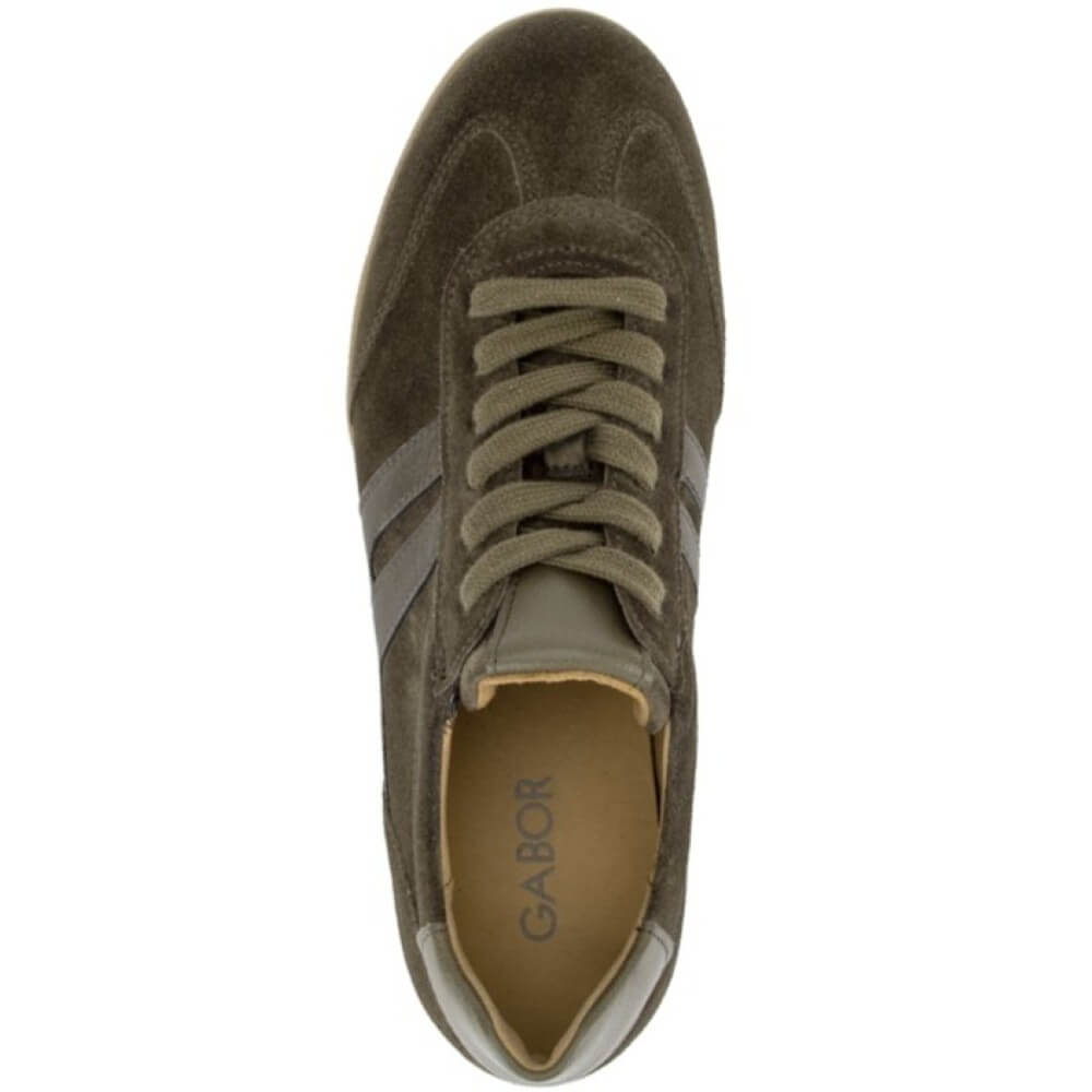 Gabor Olive Green suede trainers on a white background 