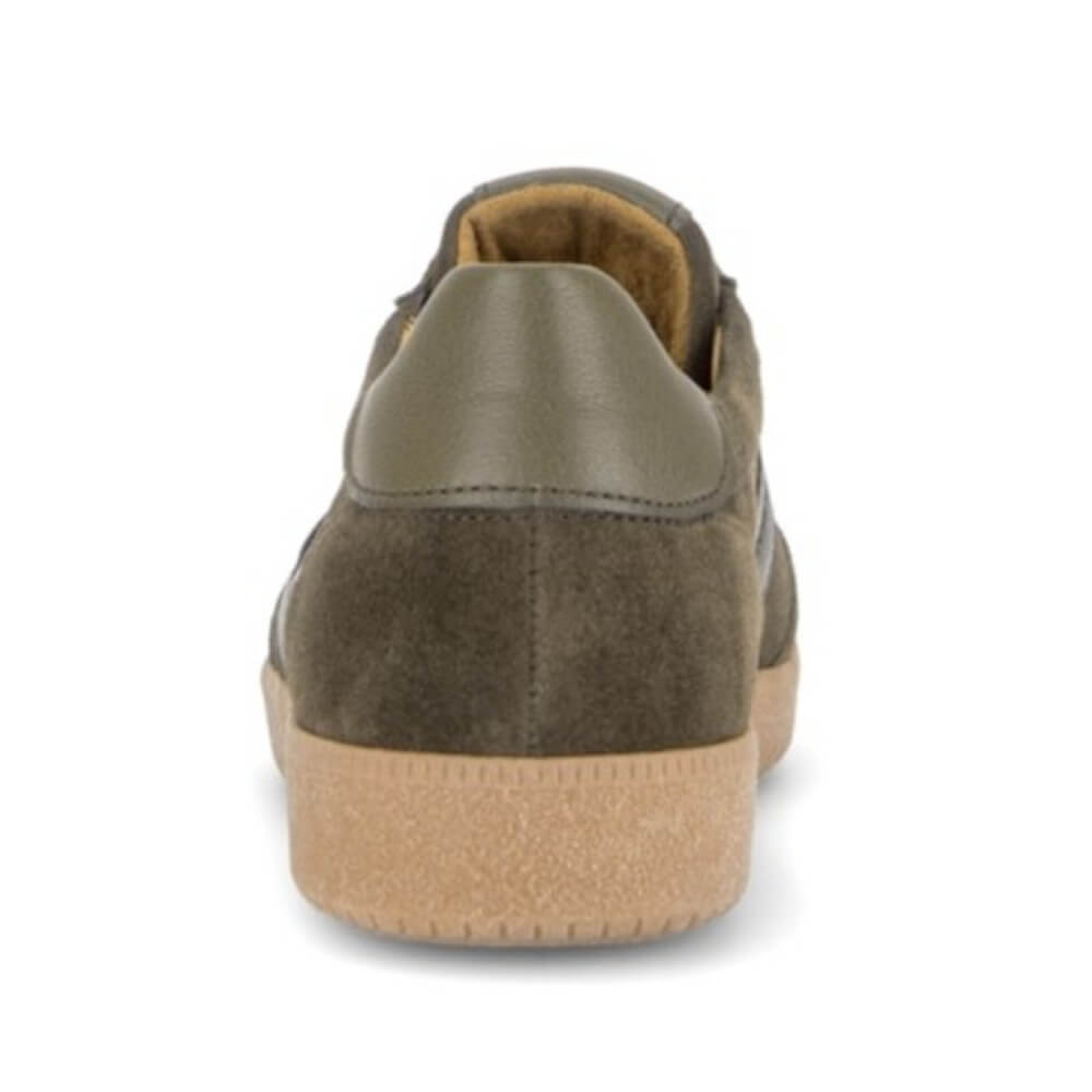 Gabor Olive Green suede trainers on a white background 