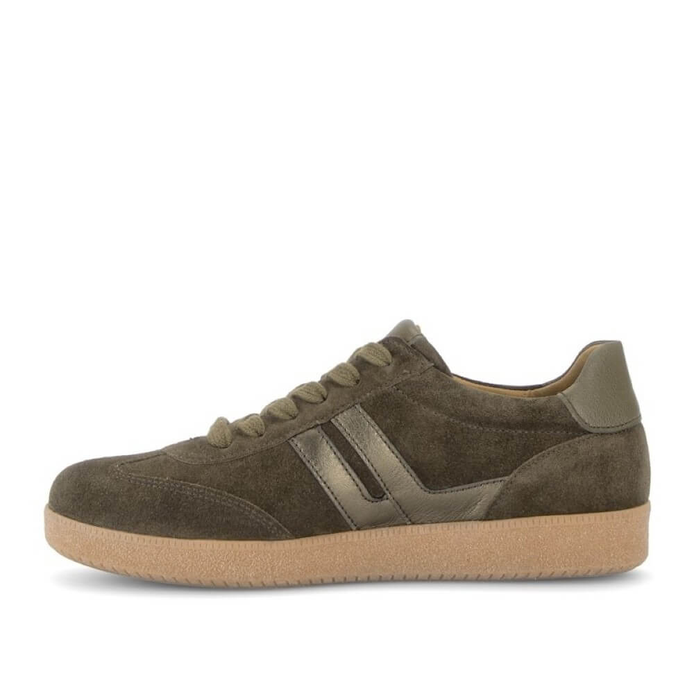 Gabor Olive Green suede trainers on a white background 