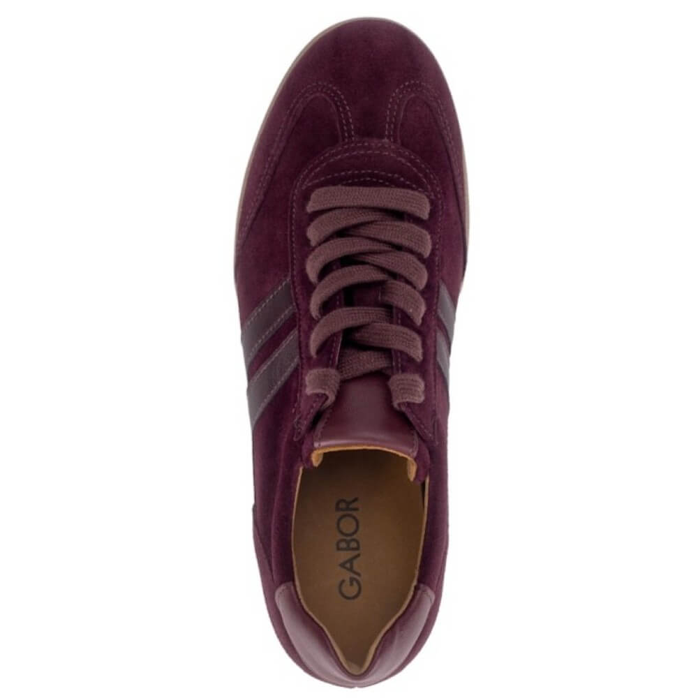 Gabor brand low-top sneaker in a deep burgundy suede, shown from a top-down view against a plain white background.