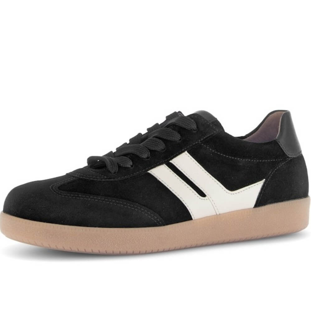 Black sneaker with a white stripe on a white background Gabor West Leather Trainer 73.300-BLACK