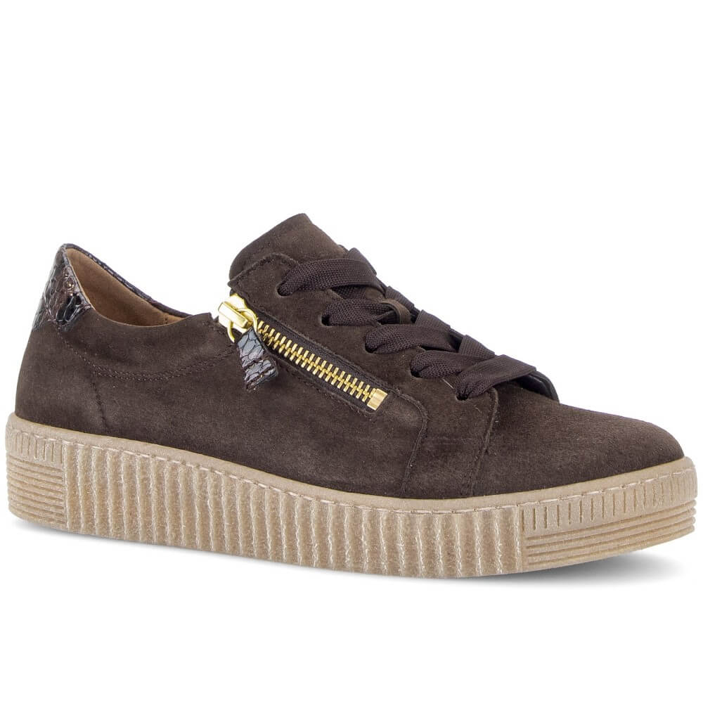 Gabor Brown Suede Laced trainer with side zip on a white background