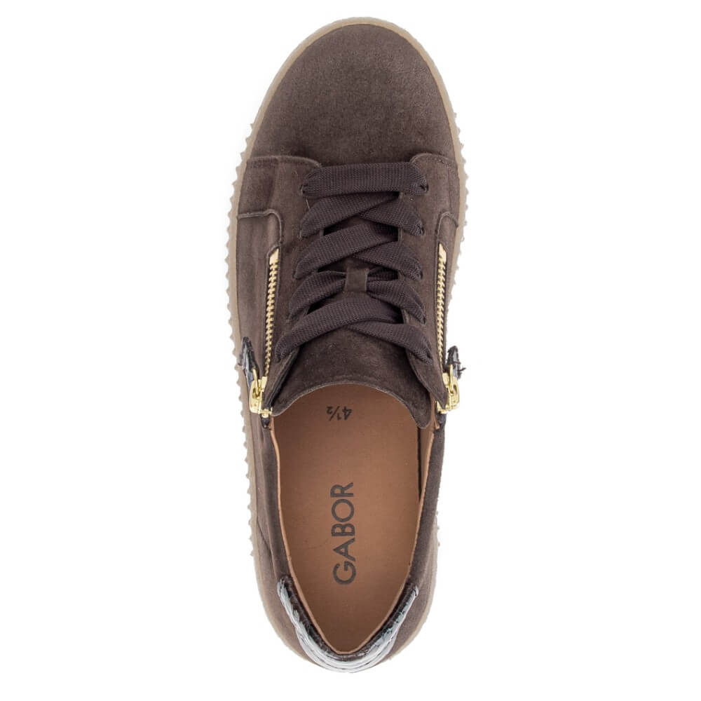 Gabor Brown Suede Laced trainer with two side zips on a white background