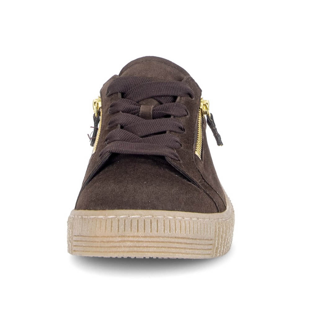 Gabor Brown Suede Laced trainer with two side zips on a white background