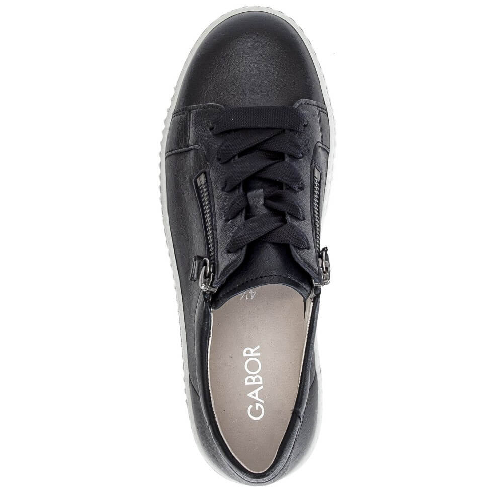 Gabor Navy Leather Laced Trainer with two side zips on a white background 