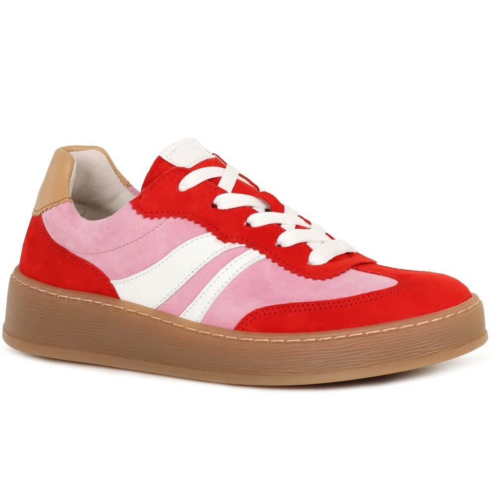 Red and pink sneaker with a brown sole on a white background