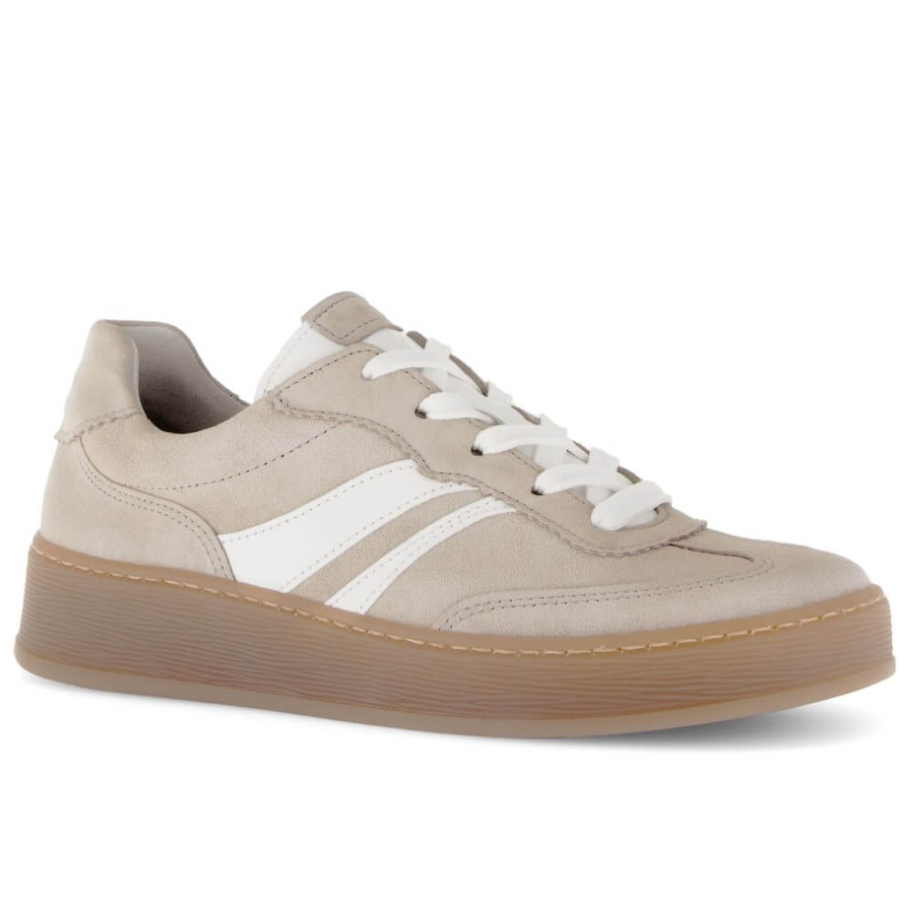 Beige sneaker with white accents on a white background